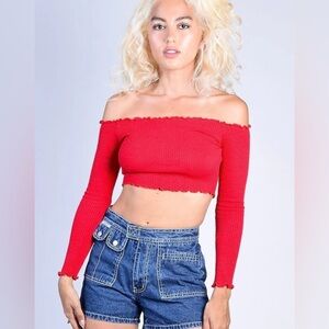 Missguided, size 4, off the shoulder long sleeve crop top. Cherry red